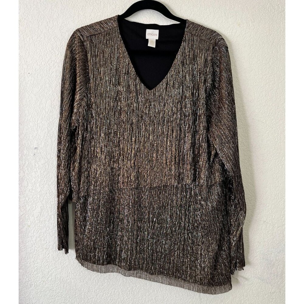 Chico's Womens V-Neck Metallic Crinkle Overlay Top Size 3 Gold Black Long Sleeve